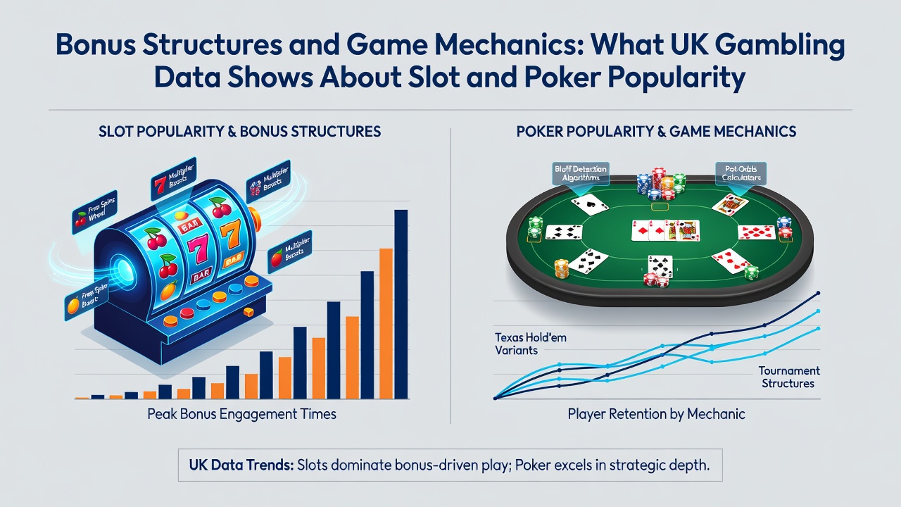 Chart displaying poker bonus redemption rates alongside slot popularity metrics from UK gambling surveys
